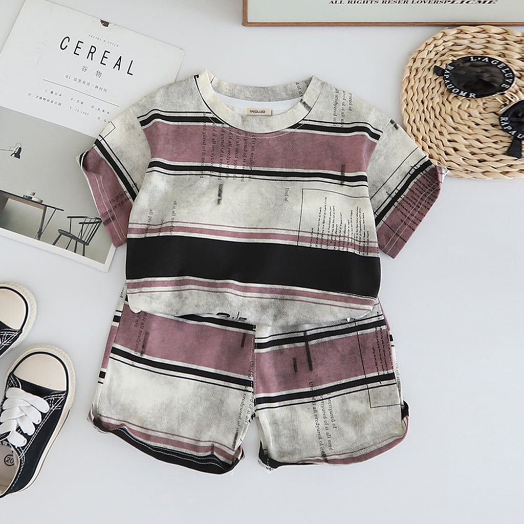 Boys Pink Striped Short Sleeves T-Shirt With Shorts Set 2 pc. Sets Pink 1-2 Y