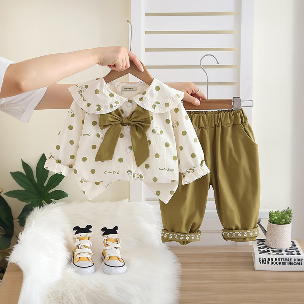 Girls Green Polka Dot Printed Top With Bow and Pants Set 2 pc. Sets Green 1-2 Y