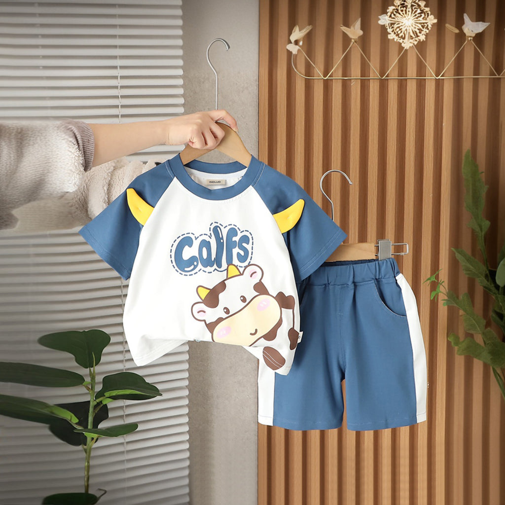 Boys Blue Short Sleeve Cow Printed T-Shirt With Shorts Set 2 pc. Sets Blue 1-2 Y