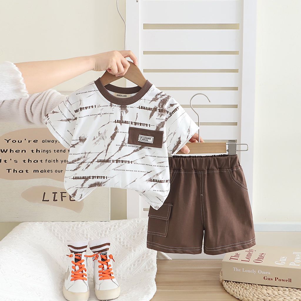 Boys Brown Printed Short Sleeves Round Neck T-Shirt With Shorts Set 2 pc. Sets Brown 1-2 Y
