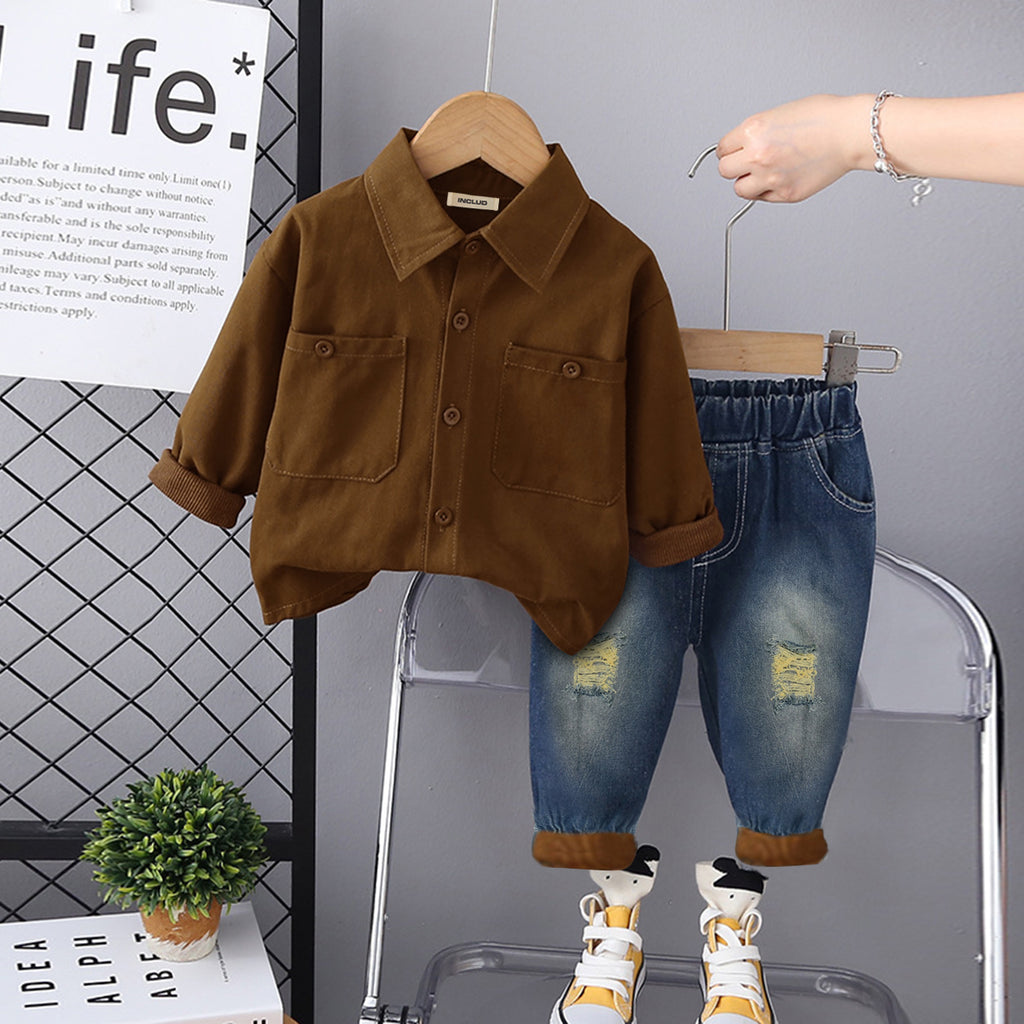 Boys Brown Patch Pocket Shirt With Denim Jeans Set Sets Brown 1-2 Y