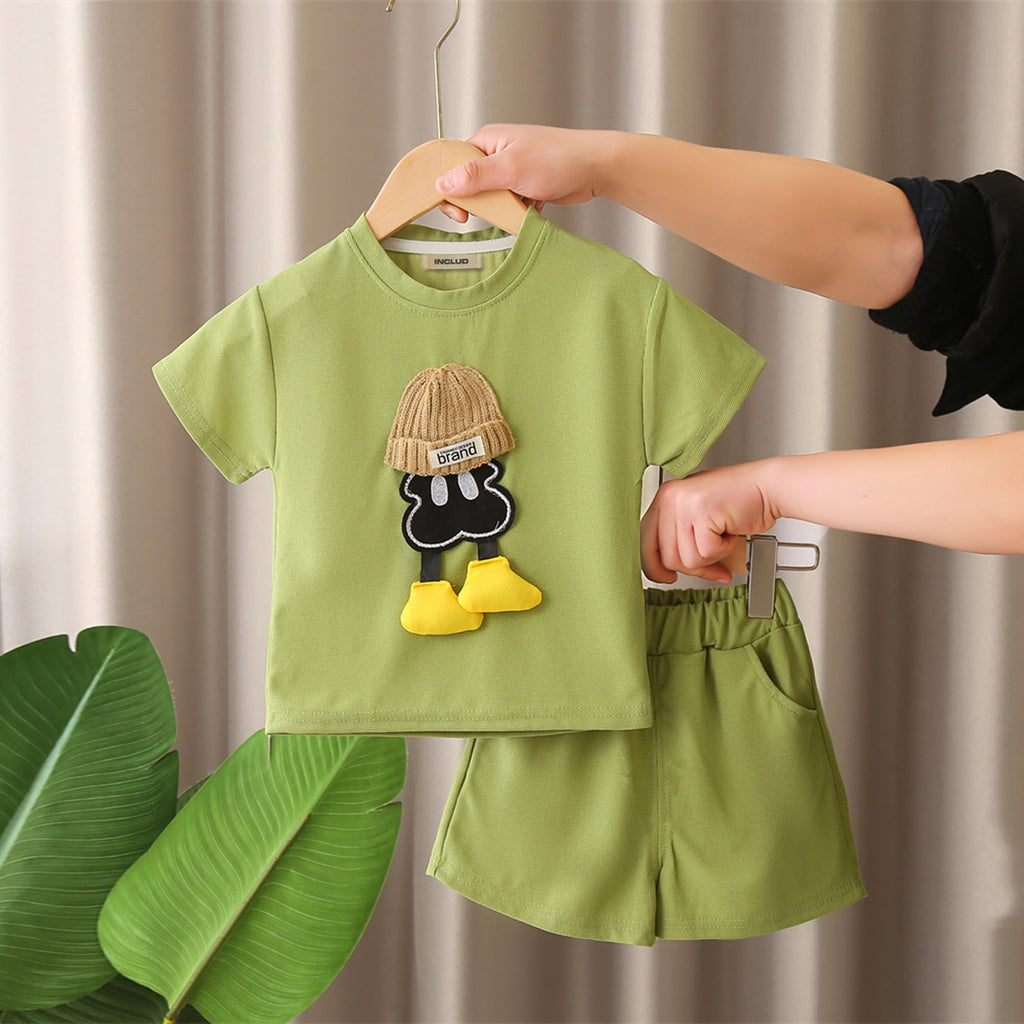 Boys Green Cartoon Patched Short Sleeves T-Shirt With Shorts Set 2 pc. Sets Green 1-2 Y
