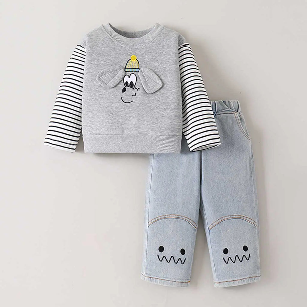 Boys Grey Applique Sweatshirt With Denim Pants Set Sets Grey 1-2 Y