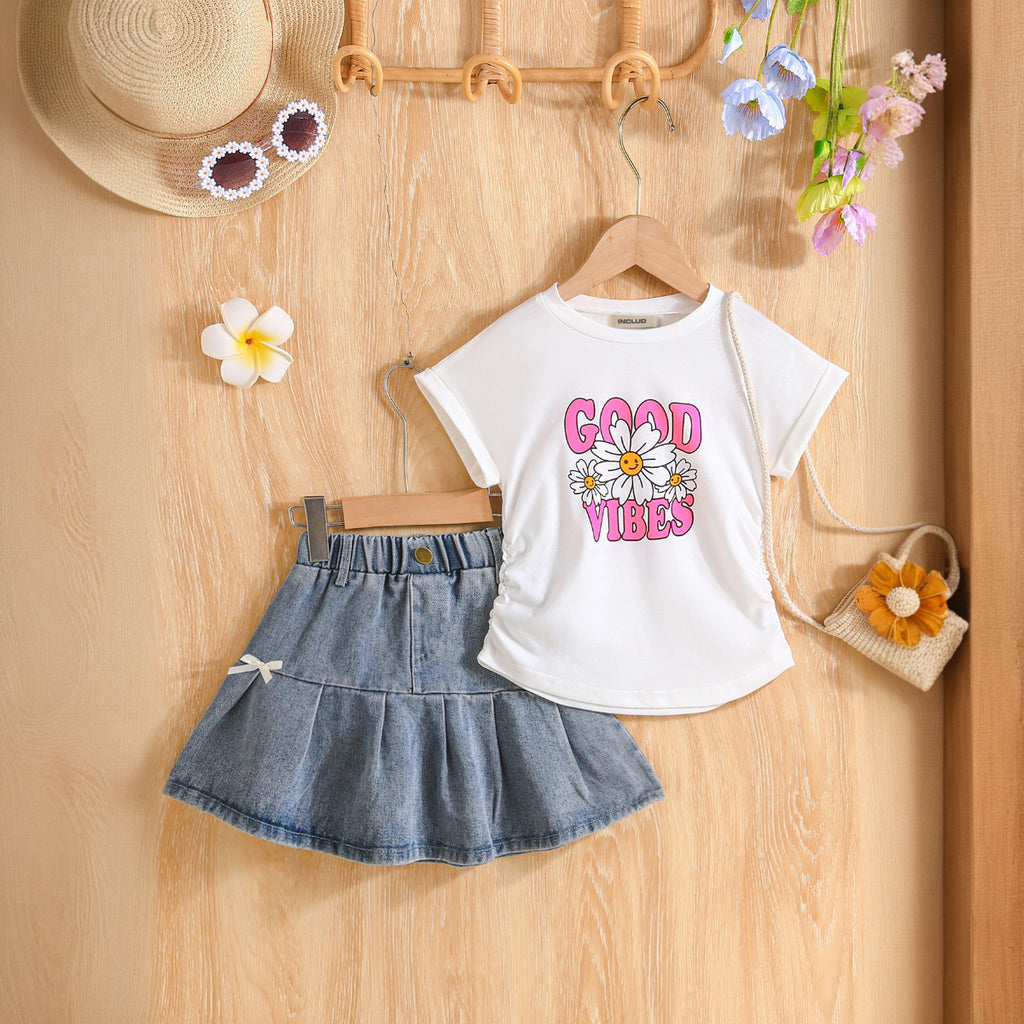 Girls White Printed Ruched Top with Pleated Denim Skirt Set Sets White 3-4 Y