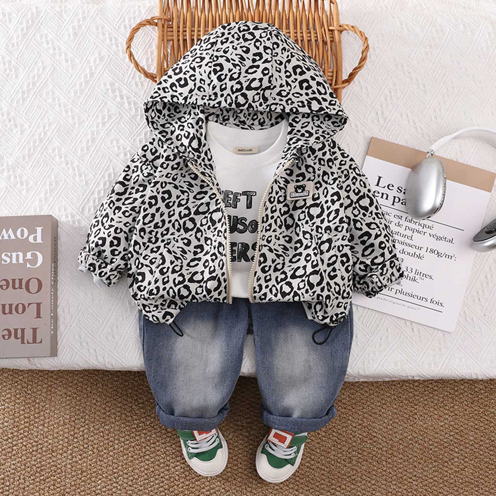 Boys White Animal Print Hooded Jacket with T-shirt & Jeans Set Sets White 1-2 Y