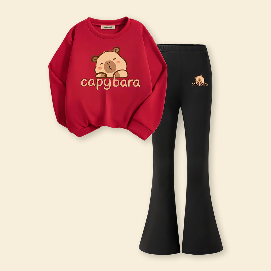 Girls Red Printed Long Sleeve Sweatshirt With Pants Sets 2 pc. Sets Red 7-8 Y