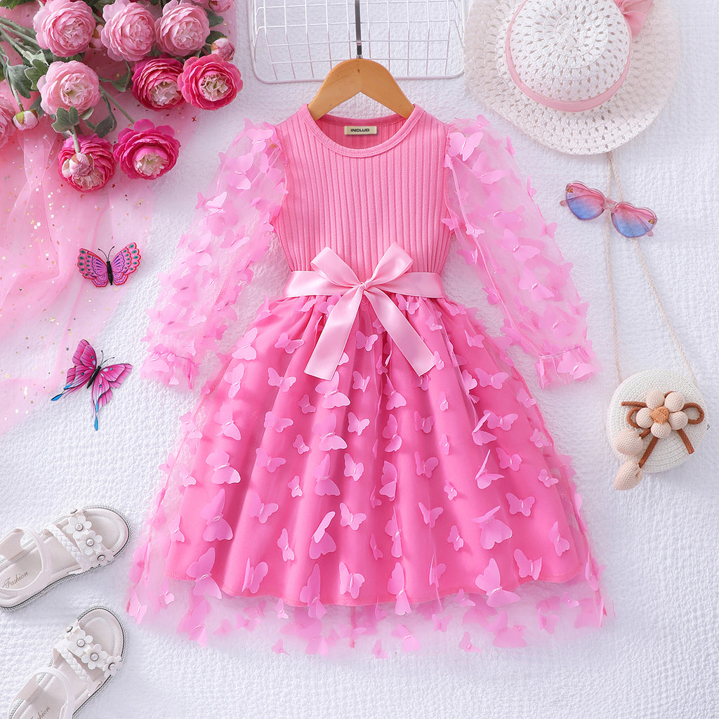 Girls Pink Butterfly Applique Tulle Overlay Fit & Flare Casual Dress Casual Dresses Pink 3-4 Y