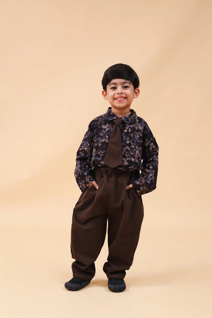 Boys Brown Long Sleeve Printed Shirt With Neck Tie And Pants Set 2 pc. Sets Brown 1-2 Y