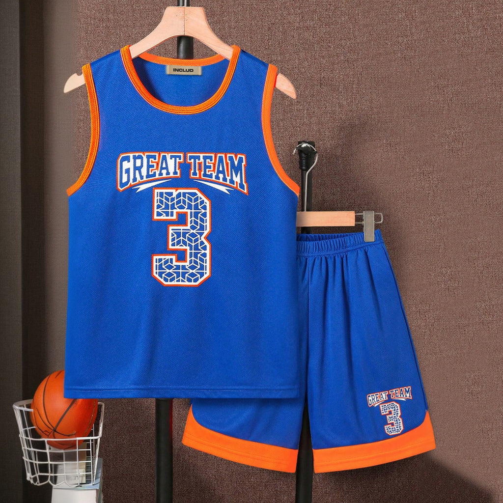 Boys Blue Alphanumeric Printed Sleeveless Vest With Shorts Set 2 pc. Sets Blue 7-8 Y