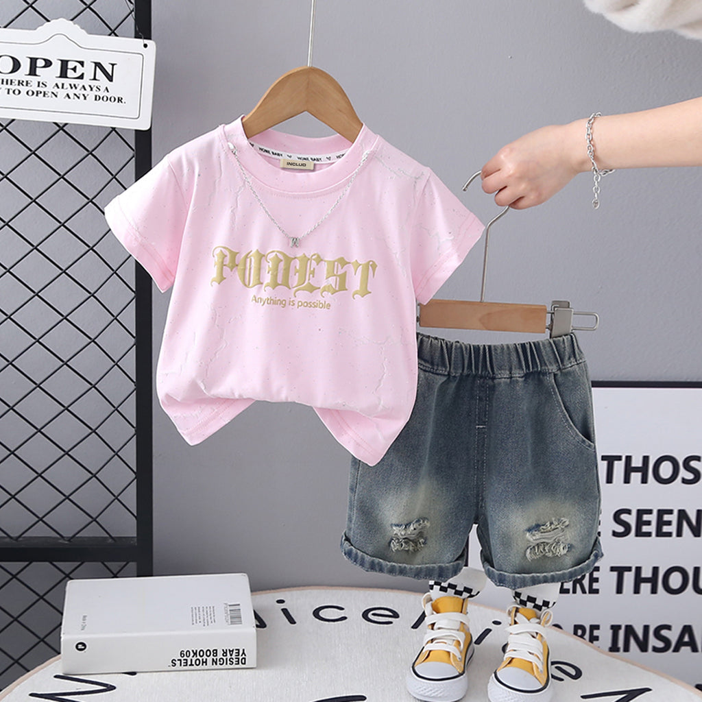 Boys Pink Short Sleeve Printed T-Shirt With Neck Chain And Denim Shorts Set 3 pc. Sets Pink 1-2 Y