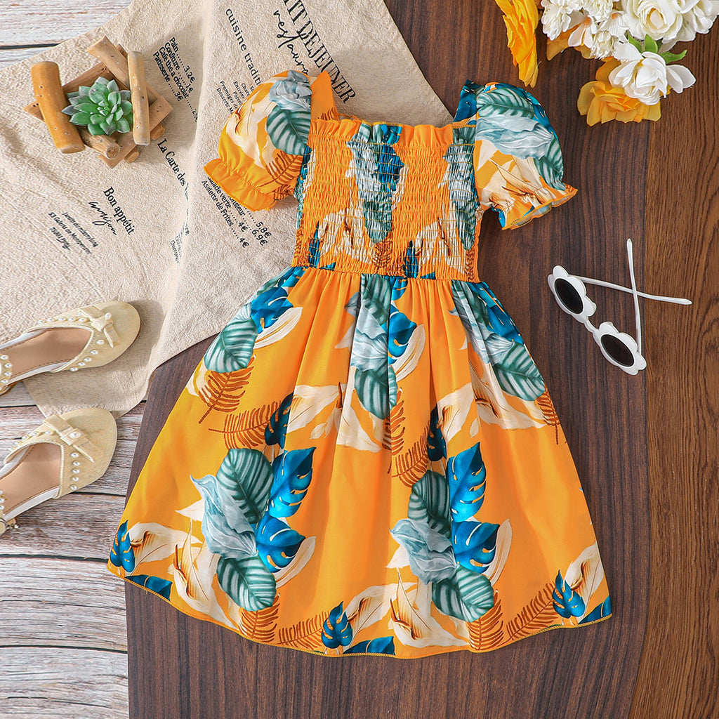 Girls Yellow Tropical Print Puff Sleeves Smocked Casual Dress Casual Dresses