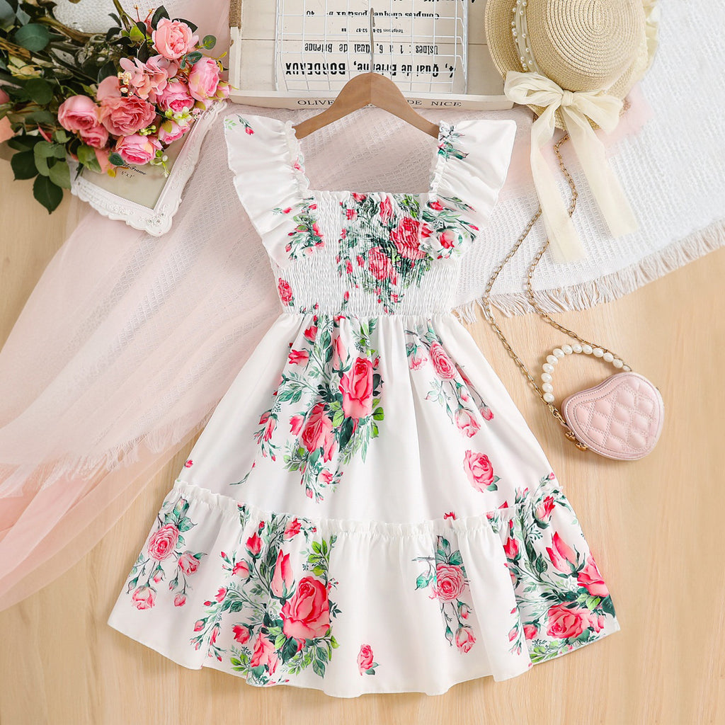 Girls White Rose Printed Sleeveless Smocked Fit And Flared Casual Dress Casual Dresses White 3-4 Y