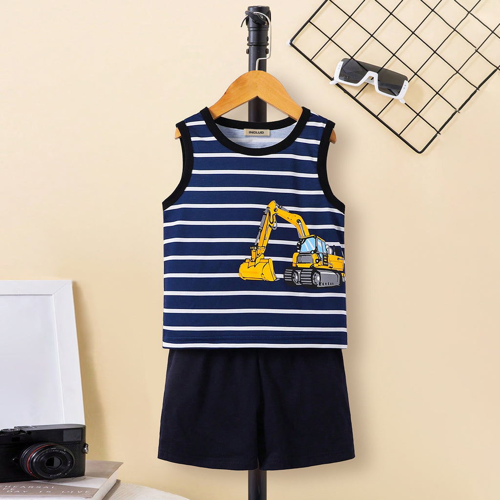 Boys Blue Striped Graphic Printed Vest With Shorts Set 2 pc. Sets Blue 3-4 Y