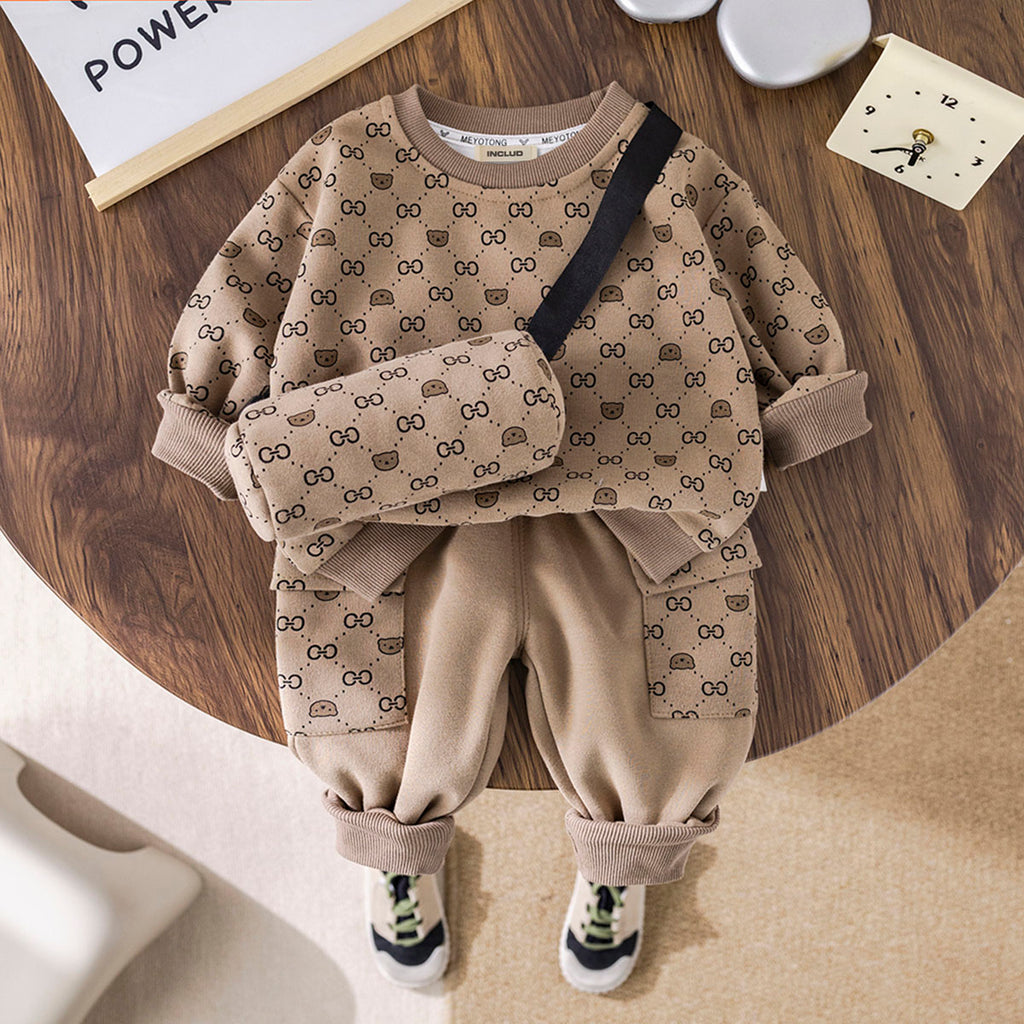 Boys Khaki Abstract Printed Sweatshirt With Joggers & Sling Bag Set Sets Khaki 1-2 Y