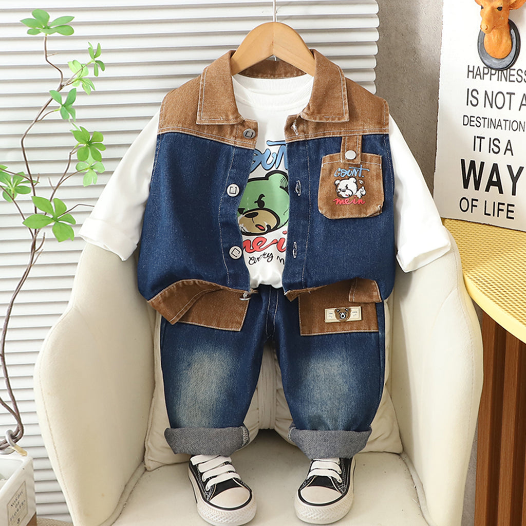 Boys Brown Graphics Printed Sleeveless Jacket Wit T-Shirt & Denim Pants Sets Brown 1-2 Y