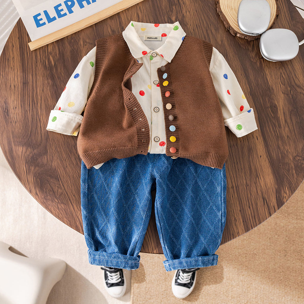 Boys Brown Solid Sleeveless Cardigan With Printed Shirt & Denim Pants Set Sets Brown 1-2 Y