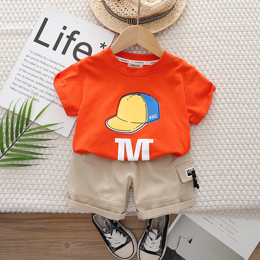Boys Orange Cap Print Short Sleeve T-Shirt With Elasticated Shorts Set 2 pc. Sets Orange 1-2 Y