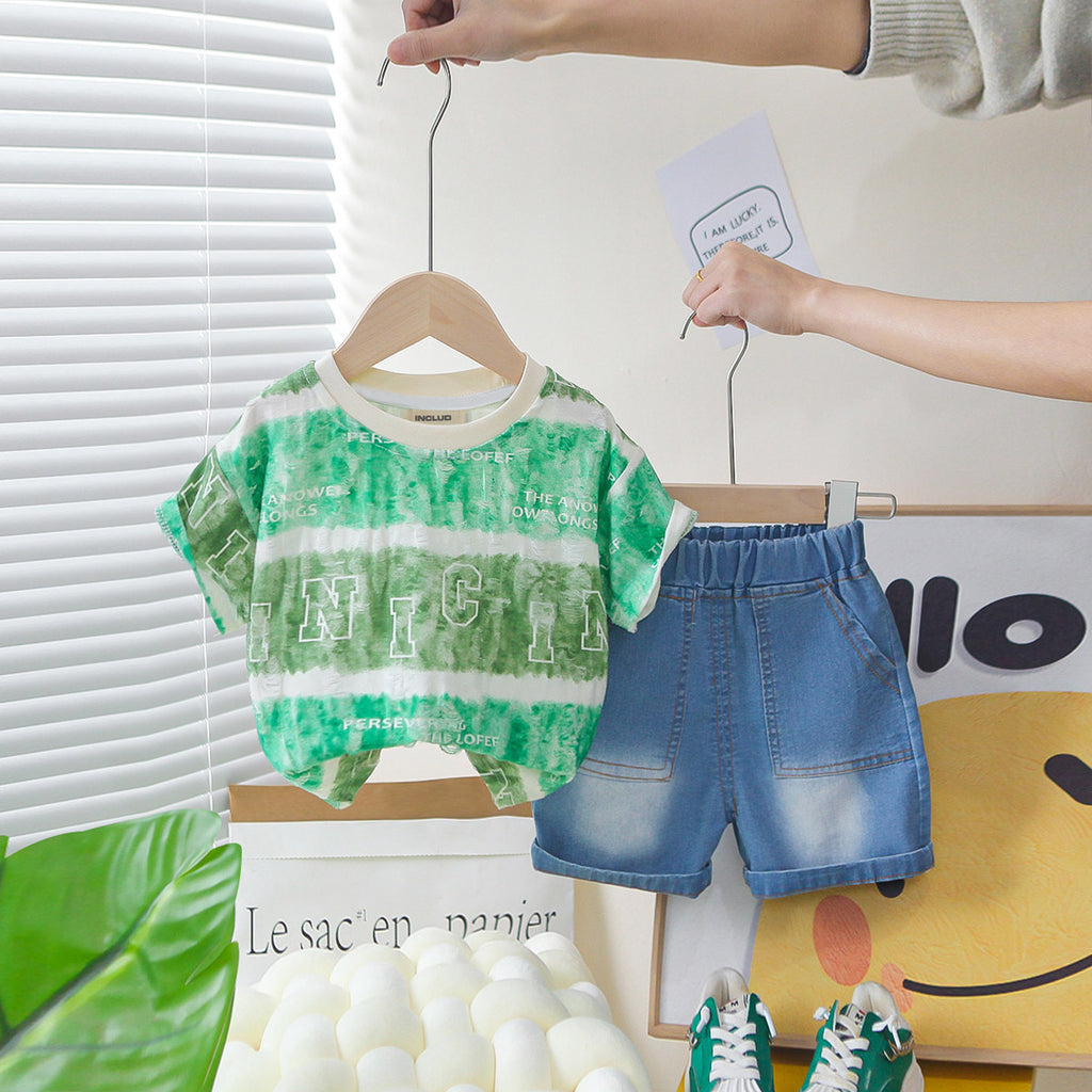 Boys Green Stripes Short Sleeves T-Shirt With Denim Shorts Set 2 pc. Sets Green 1-2 Y