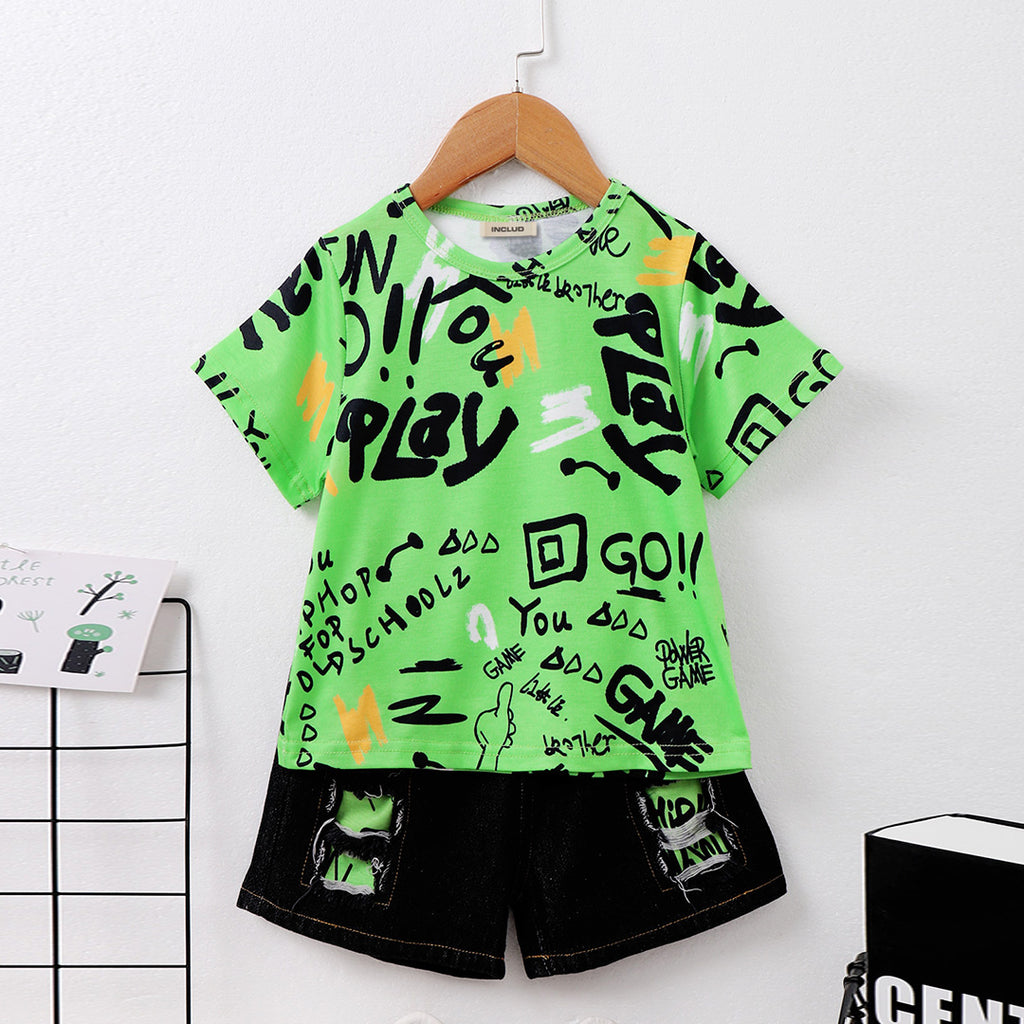 Boys Green Printed Short Sleeve T-Shirt With Shorts Set 2 pc. Sets Green 3-4 Y