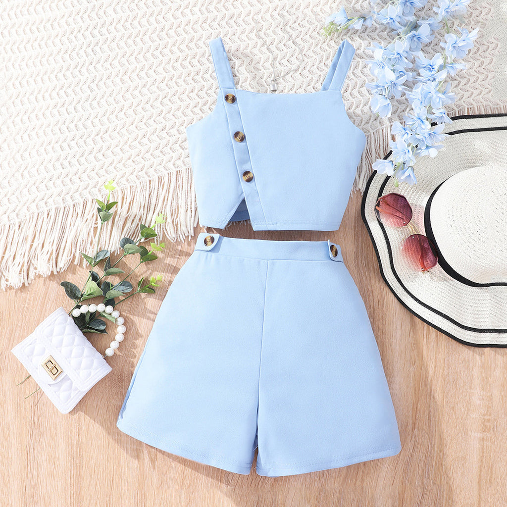 Girls Front Slit Top with Shorts Set Sets Blue 1-2 Y 
