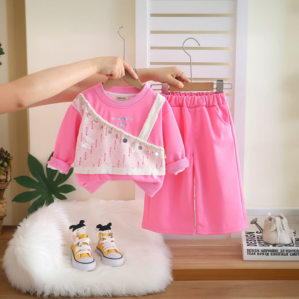 Girls Pink Embroidered Long Sleeves Sweatshirt With Pants Set 2 pc. Sets Pink 1-2 Y