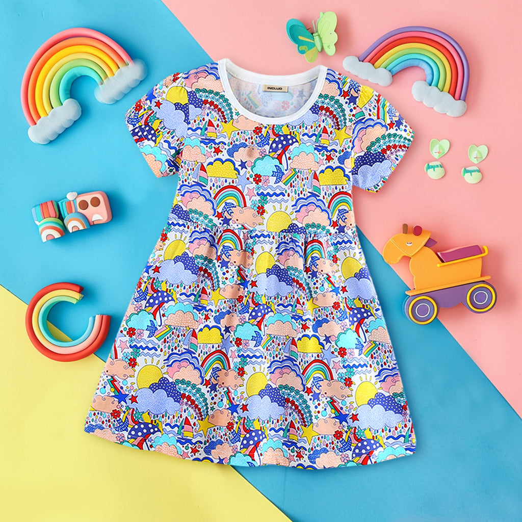 Girls Short Sleeve Rainbow Printed Dress Casual Dresses Blue 1-2 Y 