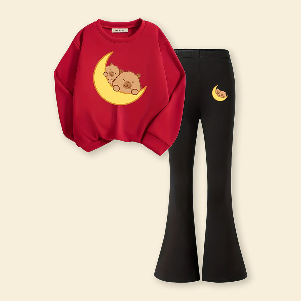 Girls Red Moon Graphics Sweatshirt With Flared Pants Sets 2 pc. Sets Red 7-8 Y
