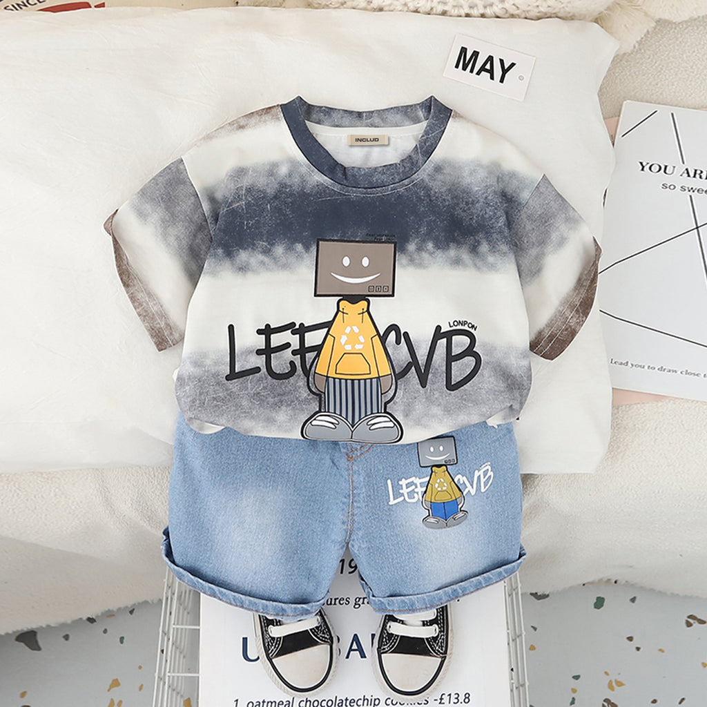 Boys Blue Robot Printed T-Shirt With Denim Shorts Set 2 pc. Sets Blue 1-2 Y
