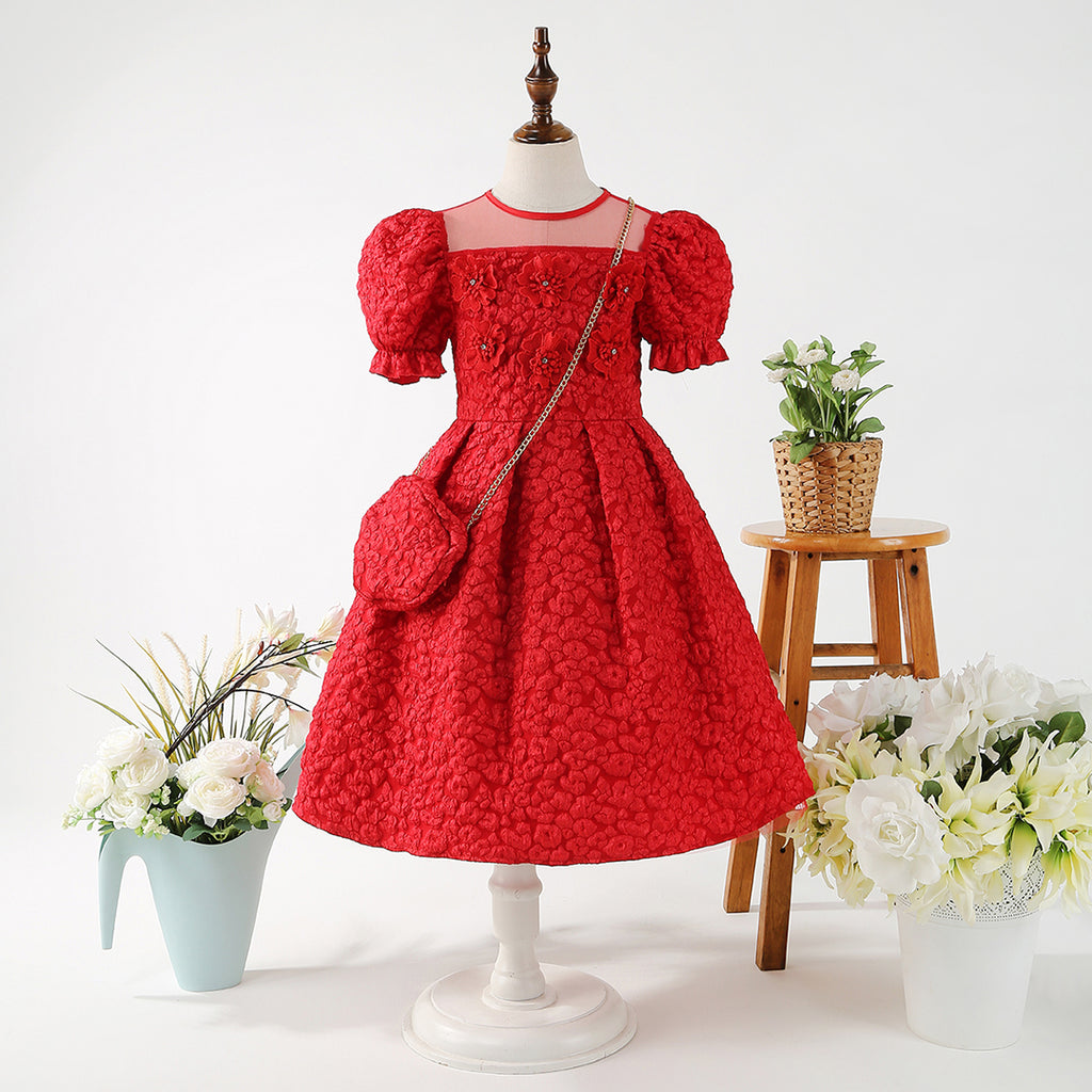 Girls Red Puff Sleeve Fit & Flare Textured Dress Casual Dresses Red 12-13 Y
