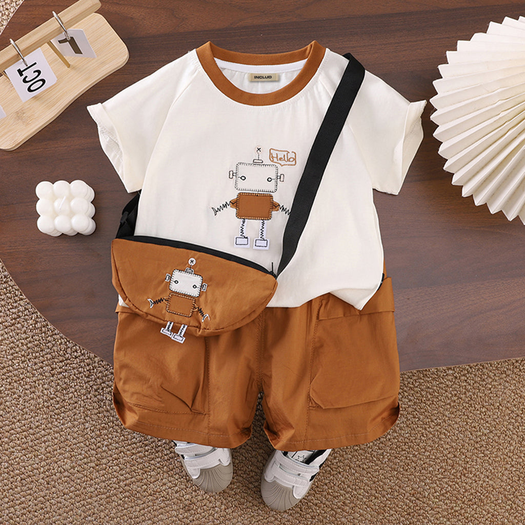 Boys Graphic Printed T-Shirt With Khaki Sling Bag And Cargo Shorts Set Sets Khaki 1-2 Y