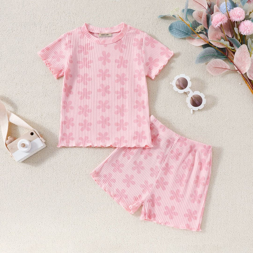 Girls Floral Print Short Sleeves T-Shirt With Shorts Set Sets Pink 1-2 Y 