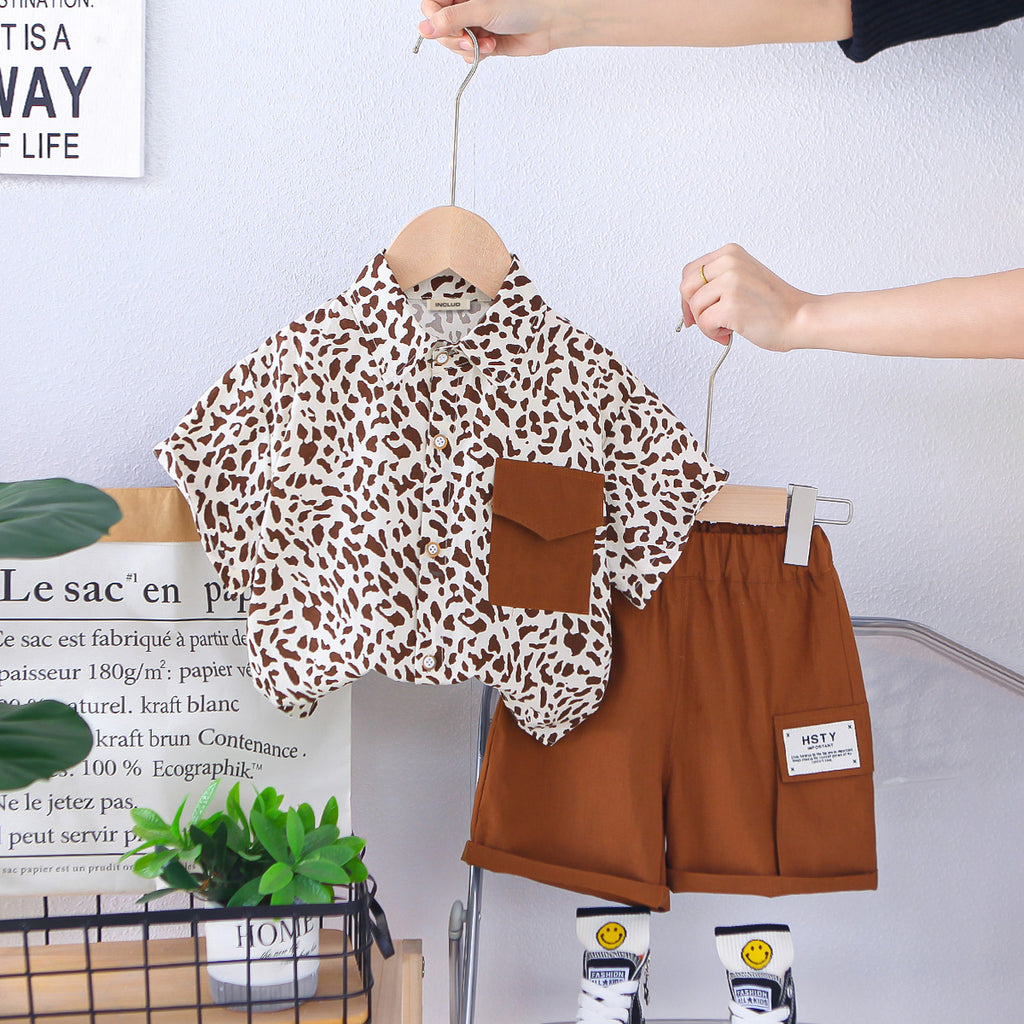Boys Brown Leopard Printed Short Sleeves Shirt With Shorts Set 2 pc. Sets Brown 1-2 Y