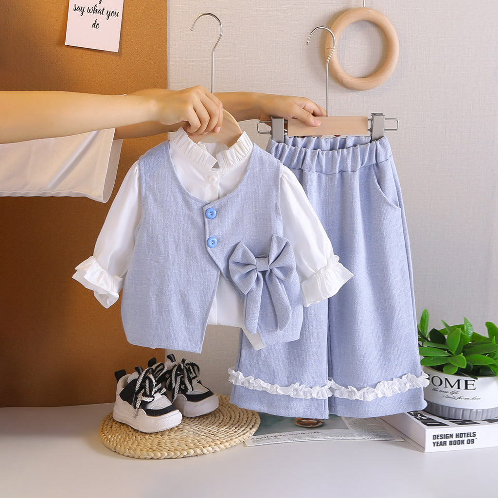 Girls Blue Textured Sleeveless Jacket With Top & Pants Set Sets Blue 1-2 Y