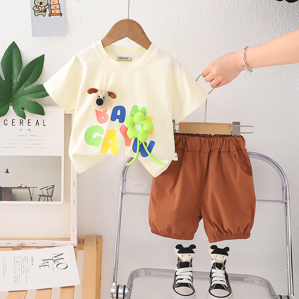 Boys Off White Flower Applique Short Sleeves T-Shirt With Shorts Set 2 pc. Sets Off White 1-2 Y