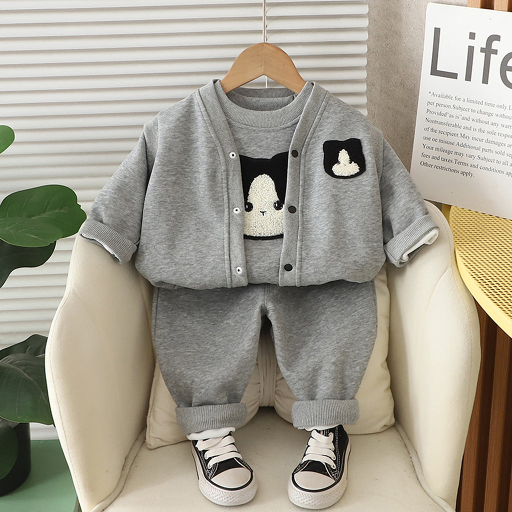 Boys Grey Cat Face Appliqued Sweatshirt With T-Shirt And Pants Set 3 pc. Sets Grey 1-2 Y