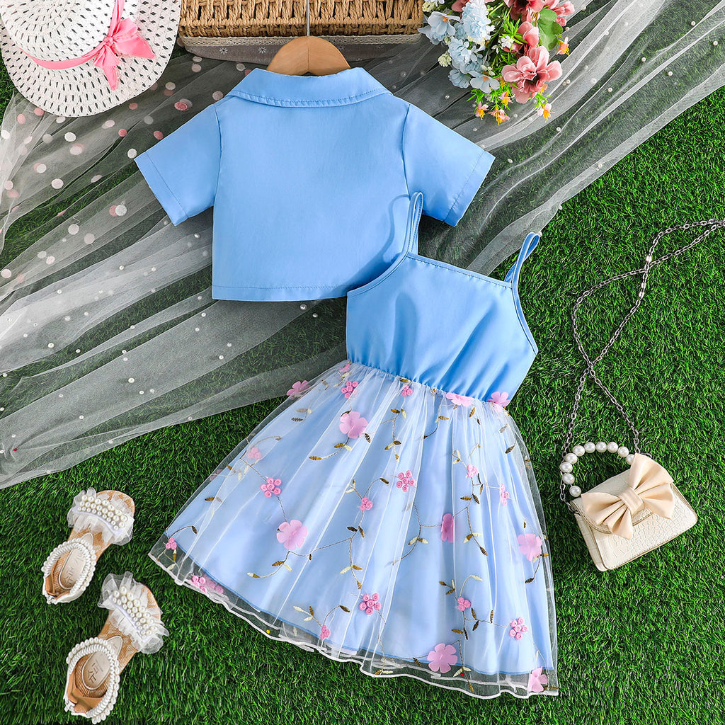 Girls Light Blue Floral Embroidered Dress With Short Sleeves Crop