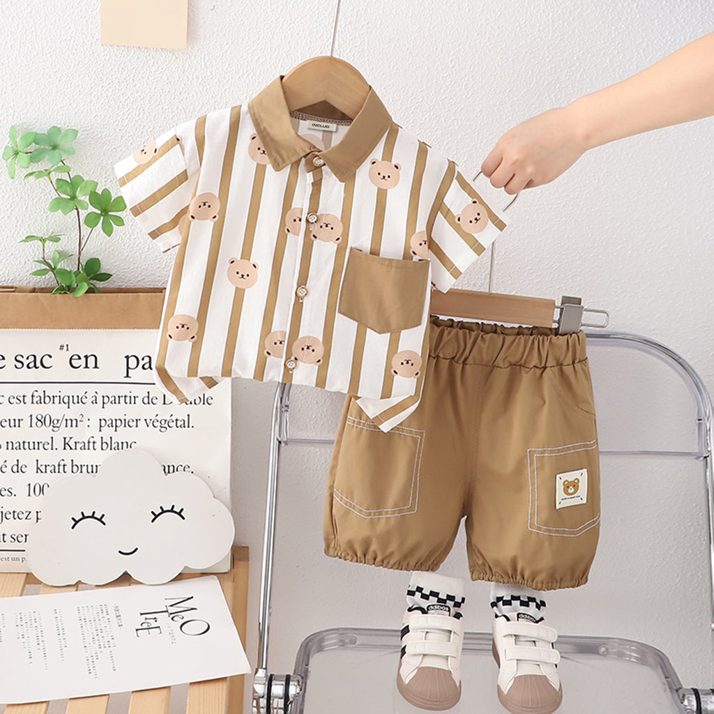 Boys Brown Striped Short Sleeves Shirt With Shorts Set 2 pc. Sets Brown 1-2 Y