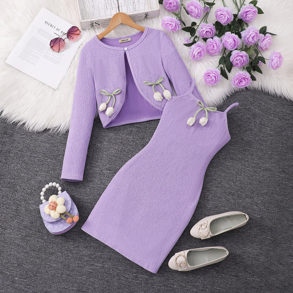 Girls Purple Textured Bodycon Dress With Long sleeves Shrug Casual Dresses Purple 7-8 Y