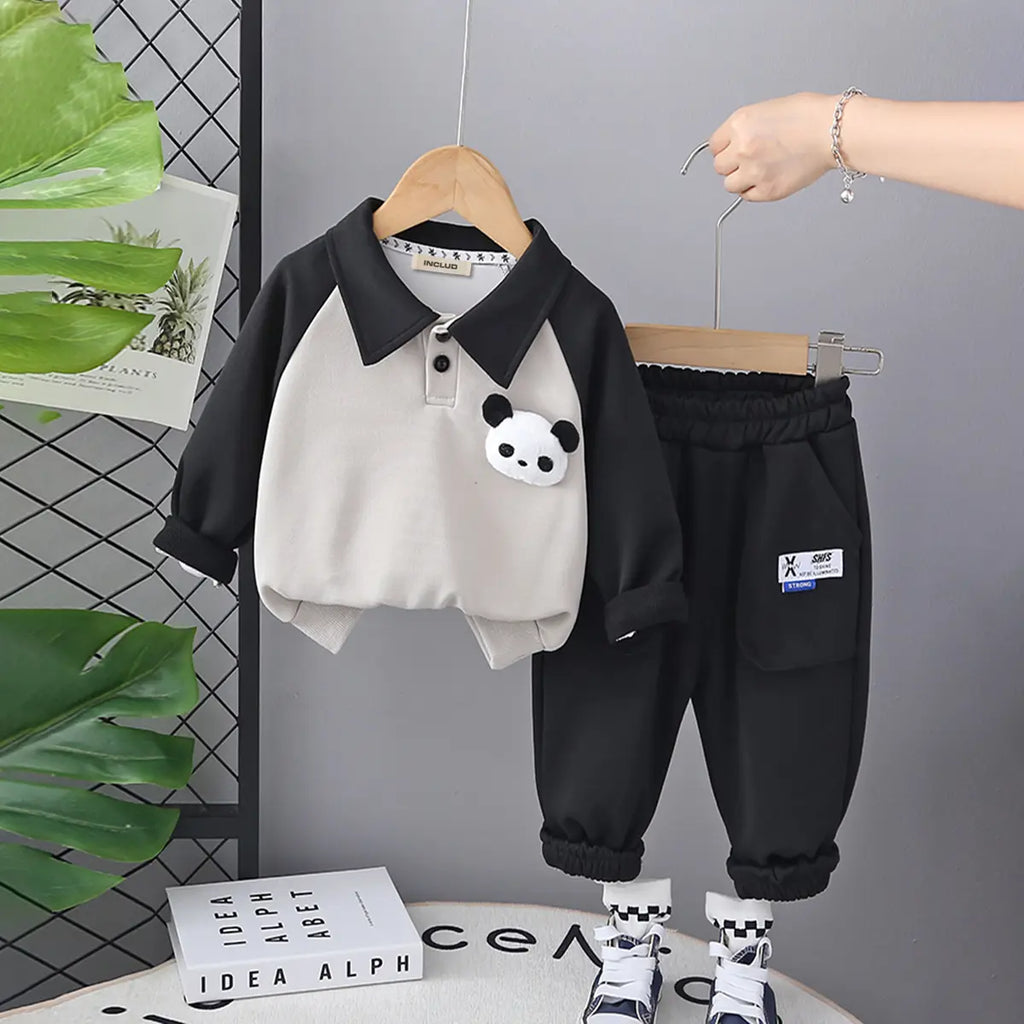 Boys Black 3D Panda Face Applique Polo Sweatshirt With Jogger Sets Sets Black 1-2 Y