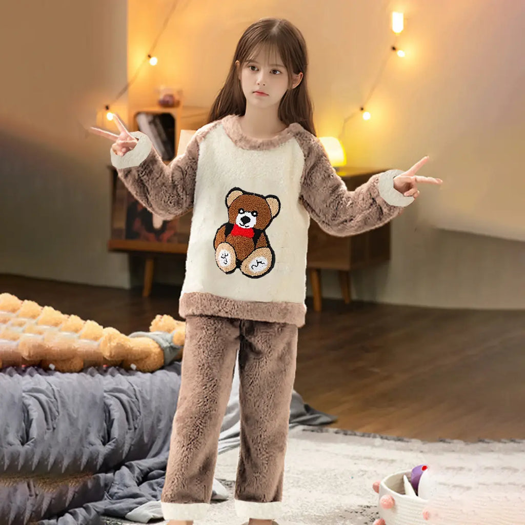 Girls Brown Polar Fleece Self Design Bear Patterns Sweatshirt With Pants Set Sets Brown 2-3 Y