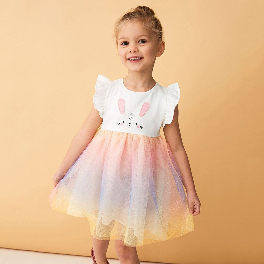 Girls Short Sleeve Foil Print Tulle Overlay Dress Casual Dresses White 1-2 Y 