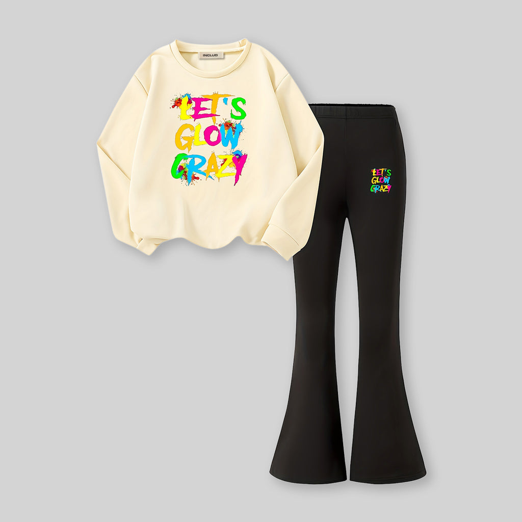 Girls Apricot Printed Sweatshirt With Flared Pants Sets 2 pc. Sets Apricot 7-8 Y