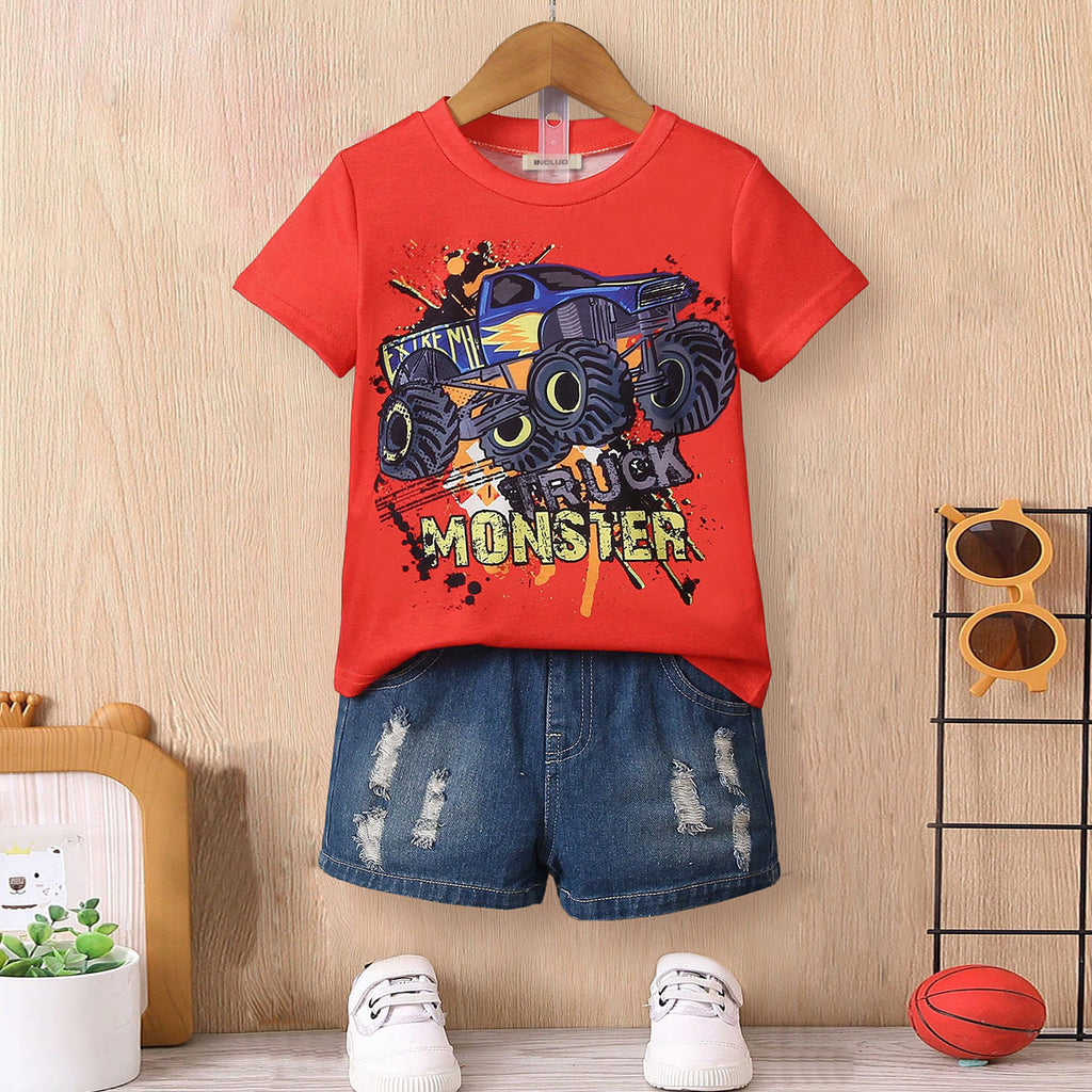 Boys Red Graphic Monster Truck Printed Short Sleeves T-Shirt Tshirts Red 3-4 Y