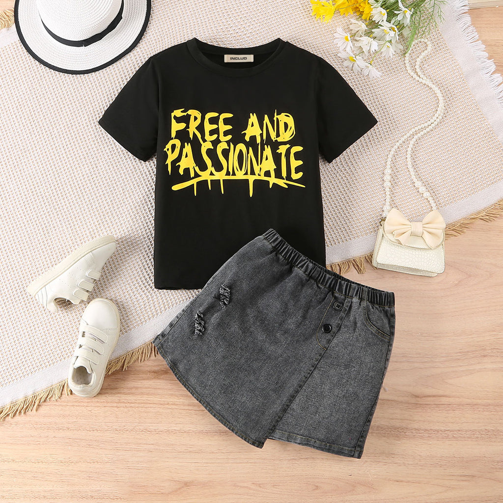 Girls Black Typographic Printed Short Sleeves T-Shirt With Denim Skorts Set 2 pc. Sets Black 7-8 Y
