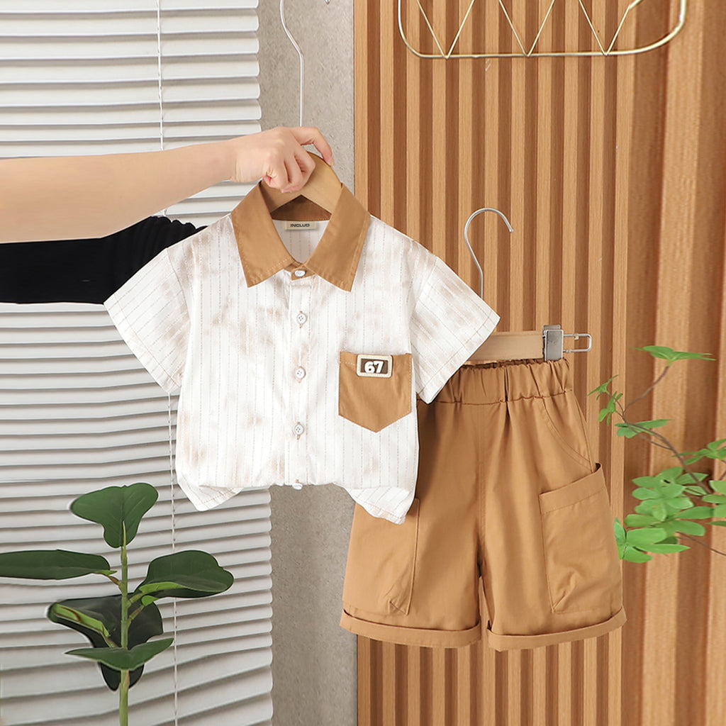 Boys Striped Contrast Collared Short Sleeve Shirt With Khaki Cargo Shorts Set 2 pc. Sets Khaki 1-2 Y