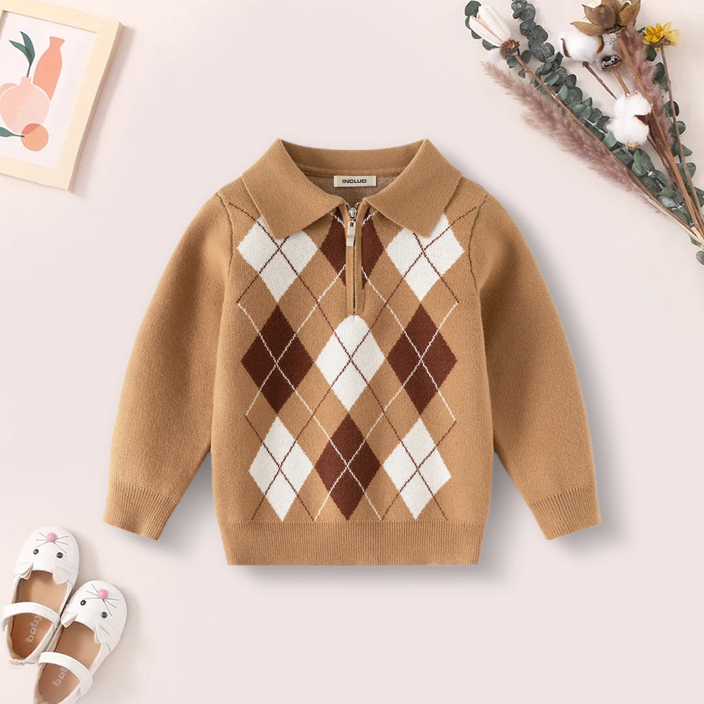 Boys Brown Polo Collar Half Zipper Sweater With Self design Diamond Patterns Sweaters & Cardigans Brown 2-3 Y