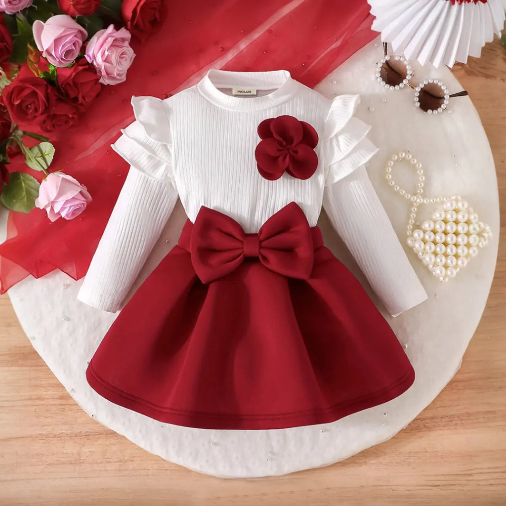 Girls Flower Appliqued Top With Red Pleated Skirt Sets Sets Red 1-2 Y