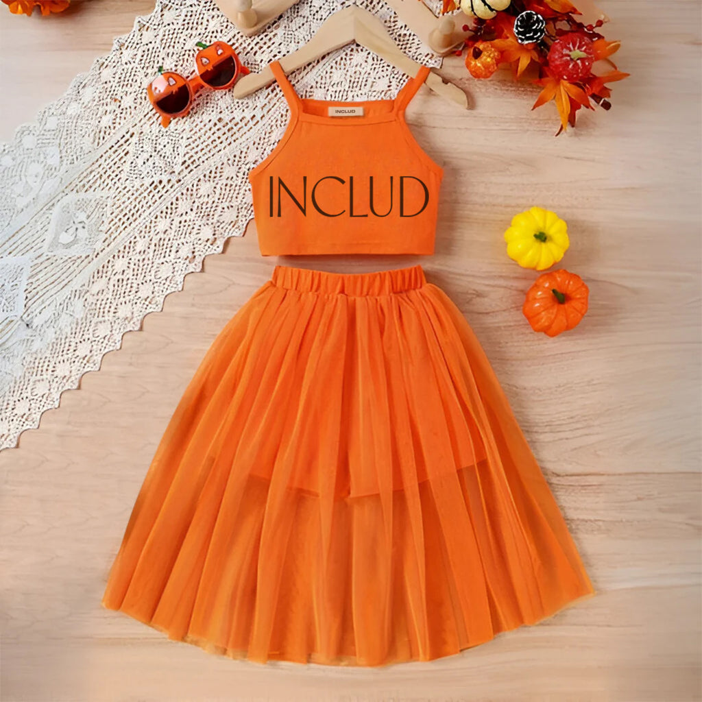 Girls Sleeveless Crop Top With Skirt Set Sets Orange 4-5 Y