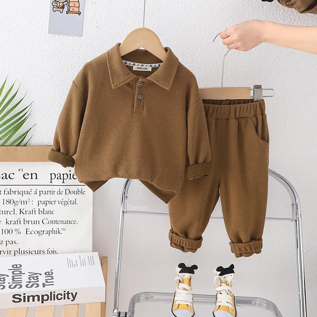 Boys Brown Textured Polo Sweatshirt With Jogger Co-ord Sets Sets Brown 1-2 Y