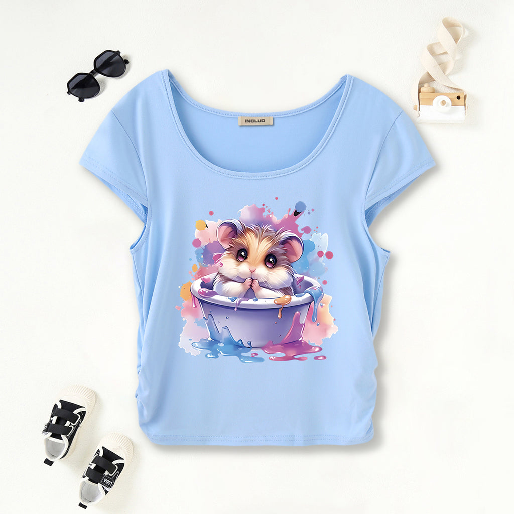 Girls Light Blue Hamster Graphic Short Sleeves Scoop Neck T-Shirt Tshirts Light Blue 7-8 Y